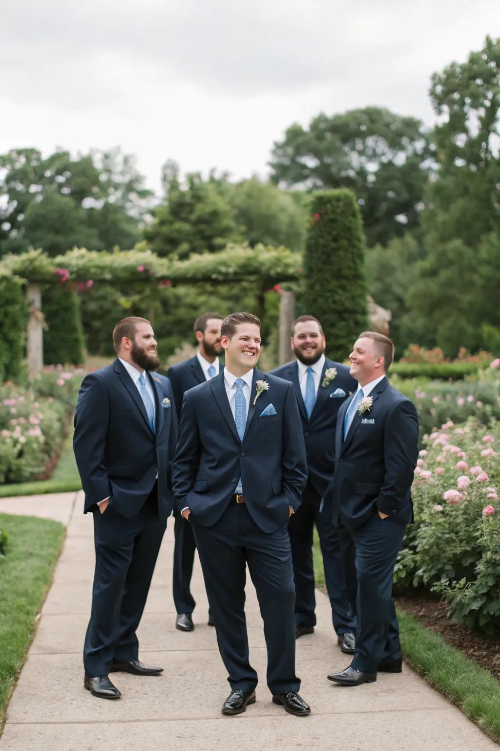 Groomsmen sporting elegant dusty blue accents that perfectly complement the wedding palette.