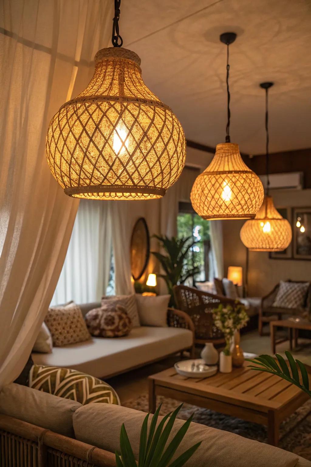 Room illuminated via warm ambient lighting from woven lamps.