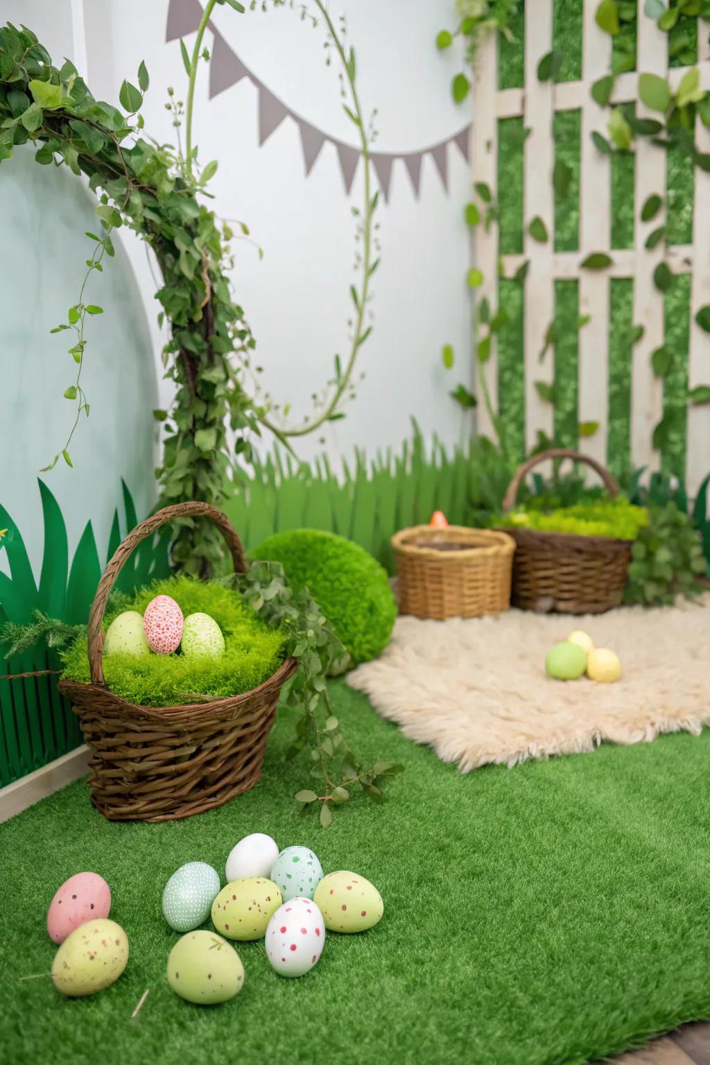 Lush vegetation and imitation grass fashion a refreshing springtime background for Easter pictures.