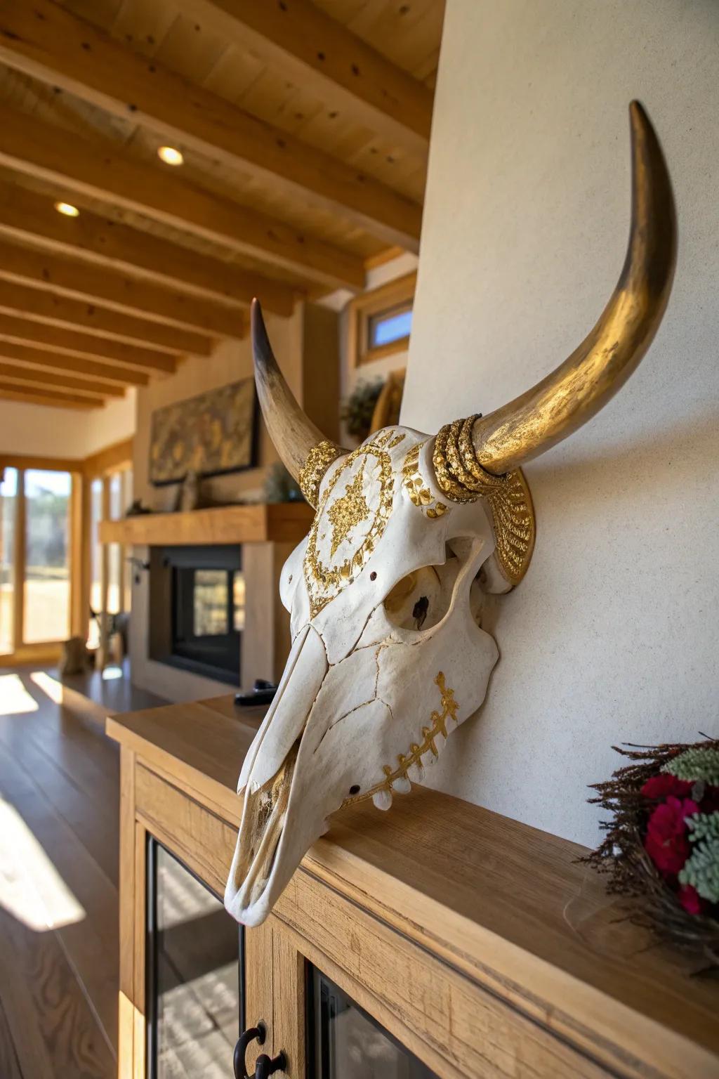 Metallic accents add a touch of luxury to cow skull decor.