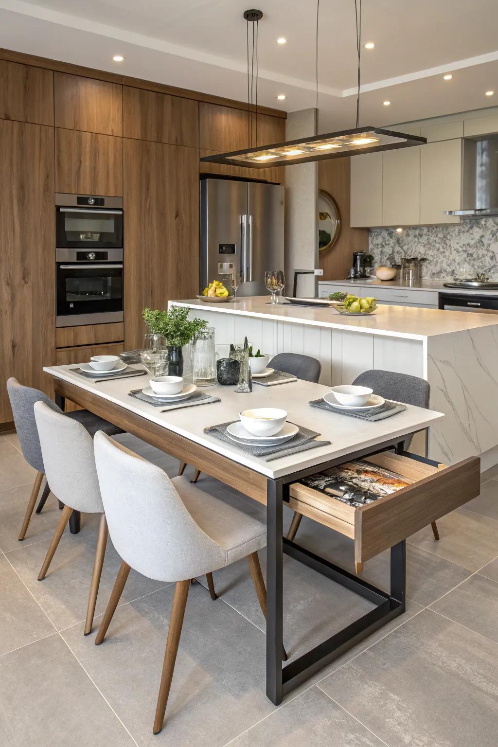 An island with a pull-out table for flexible dining options.