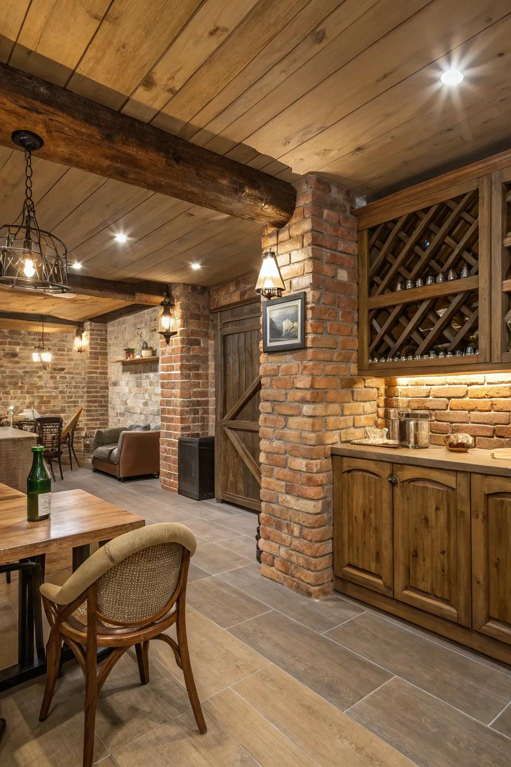 An interior area featuring recovered wood and stones, creating a warm and welcoming vibe.