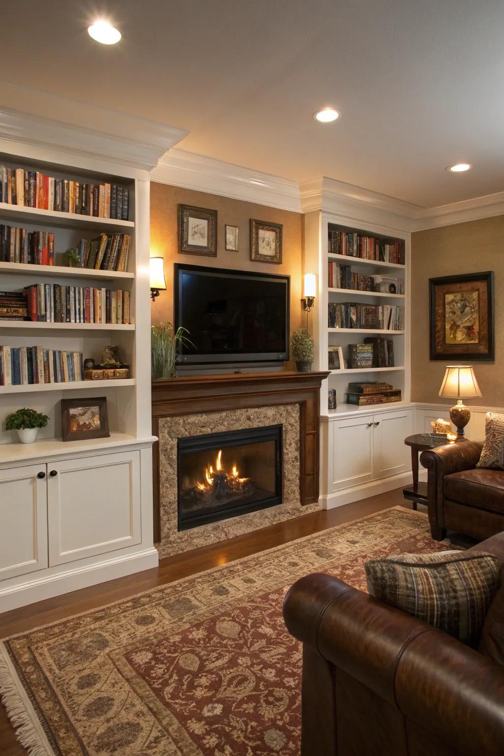 Built-in shelves bring storage and style to your fireplace and TV display.