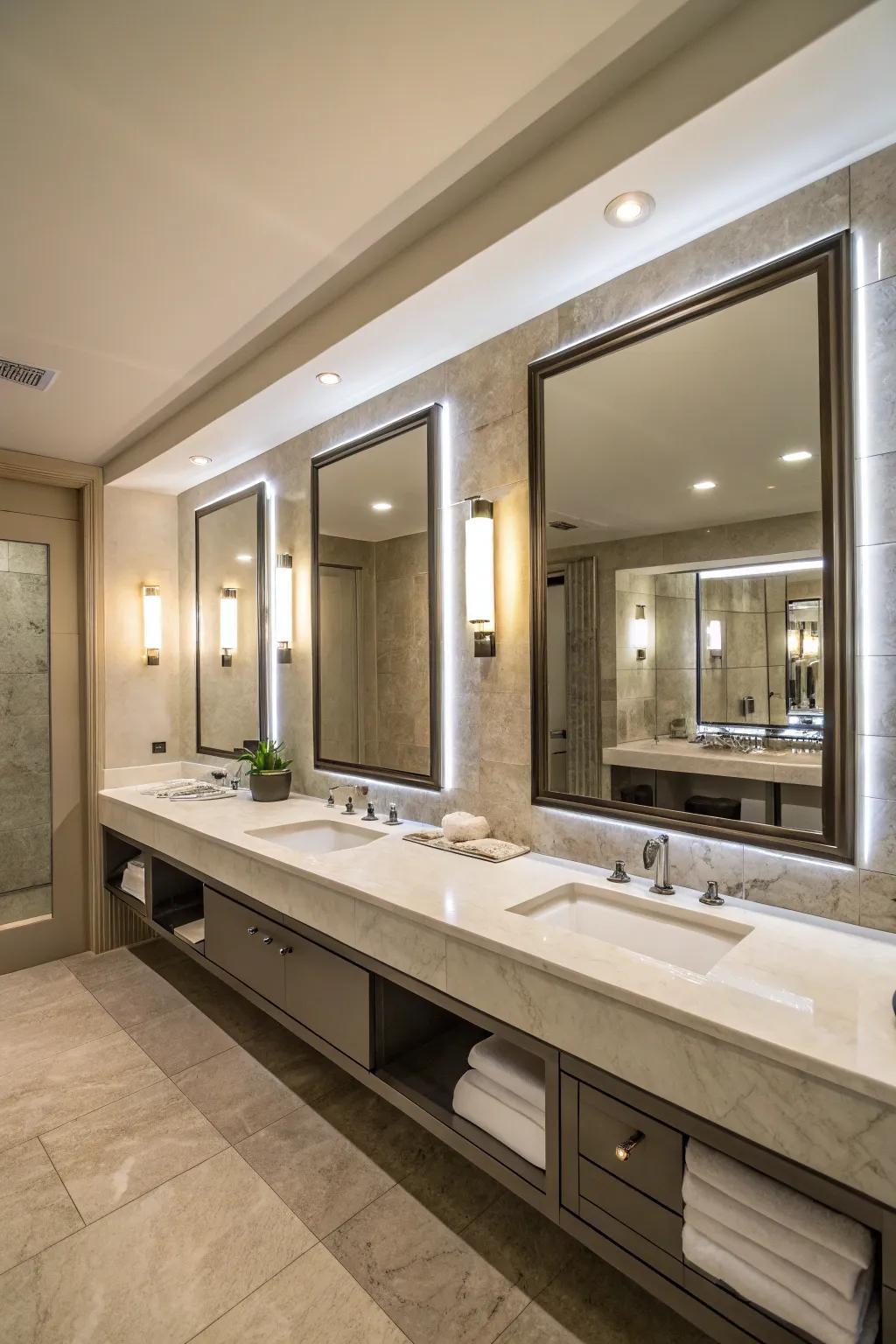 Expansive mirrors enhance light and space in this chic bathroom.