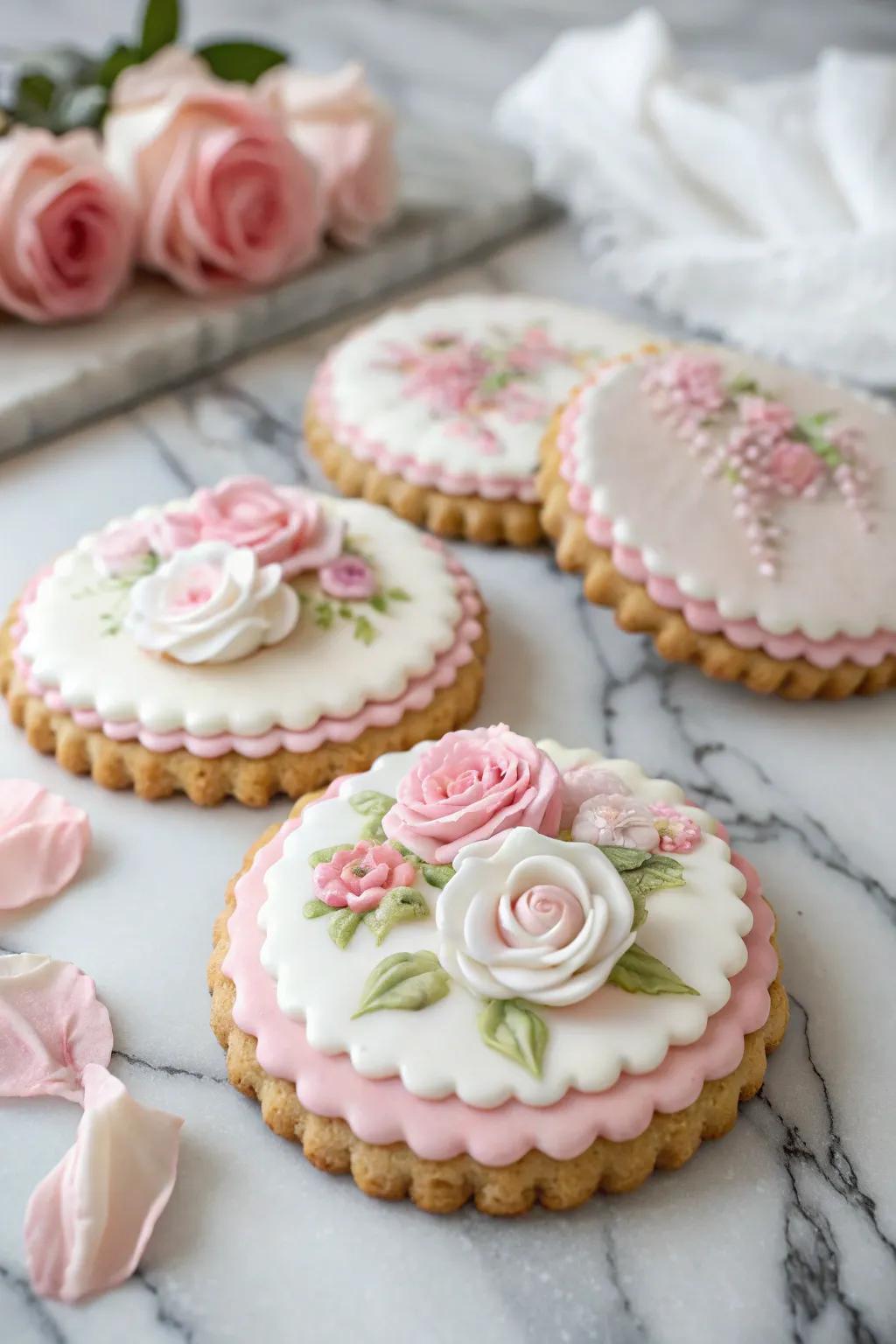 Elegant pastel peony biscuits for special events.
