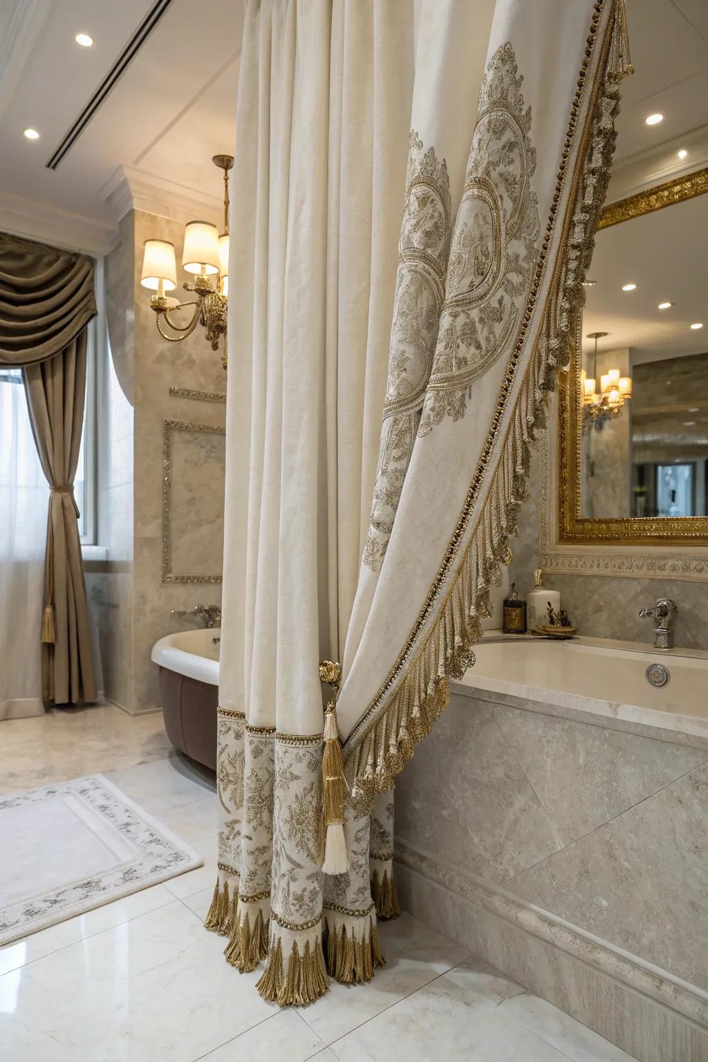 Fringe and tassels enhance the luxurious appeal of this sophisticated shower curtain.