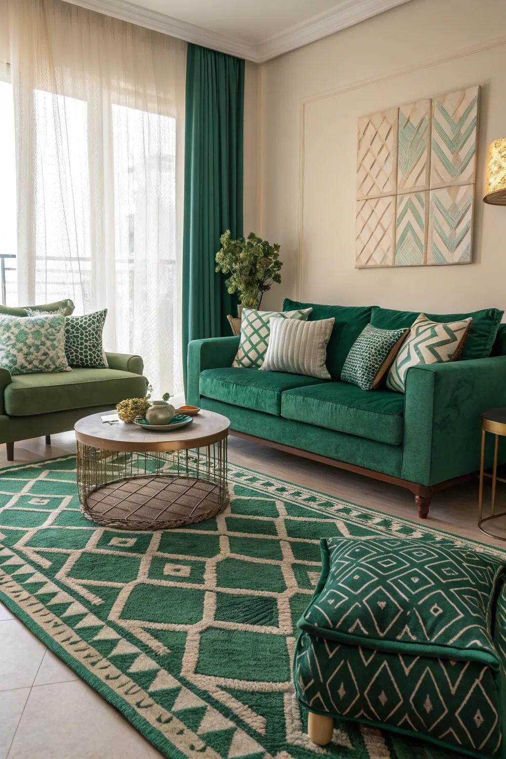 Geometrical patterns contribute a modern vibe to emerald green decor.