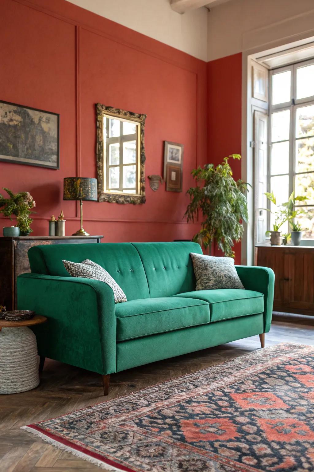 A bold accent wall showcases the verdant sofa to perfection.