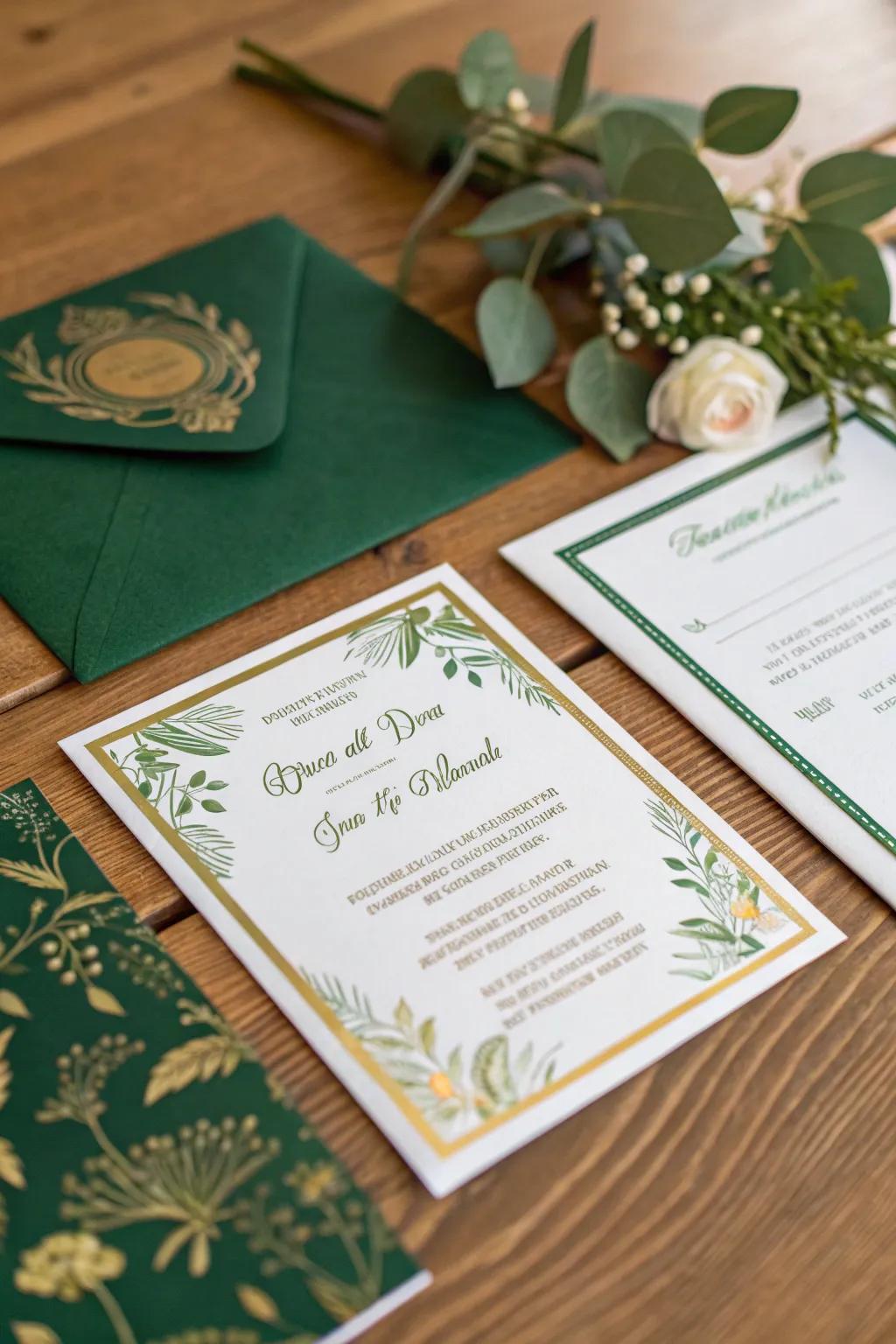Elegant celebration invitations featuring emerald and gold.