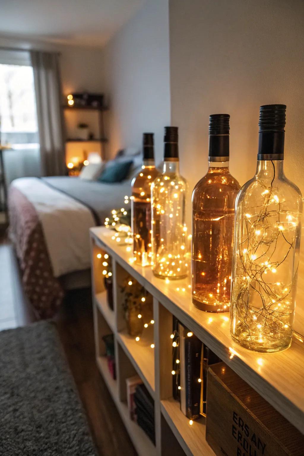 Produce enchanting decor with bottles brimming with fairy lights.