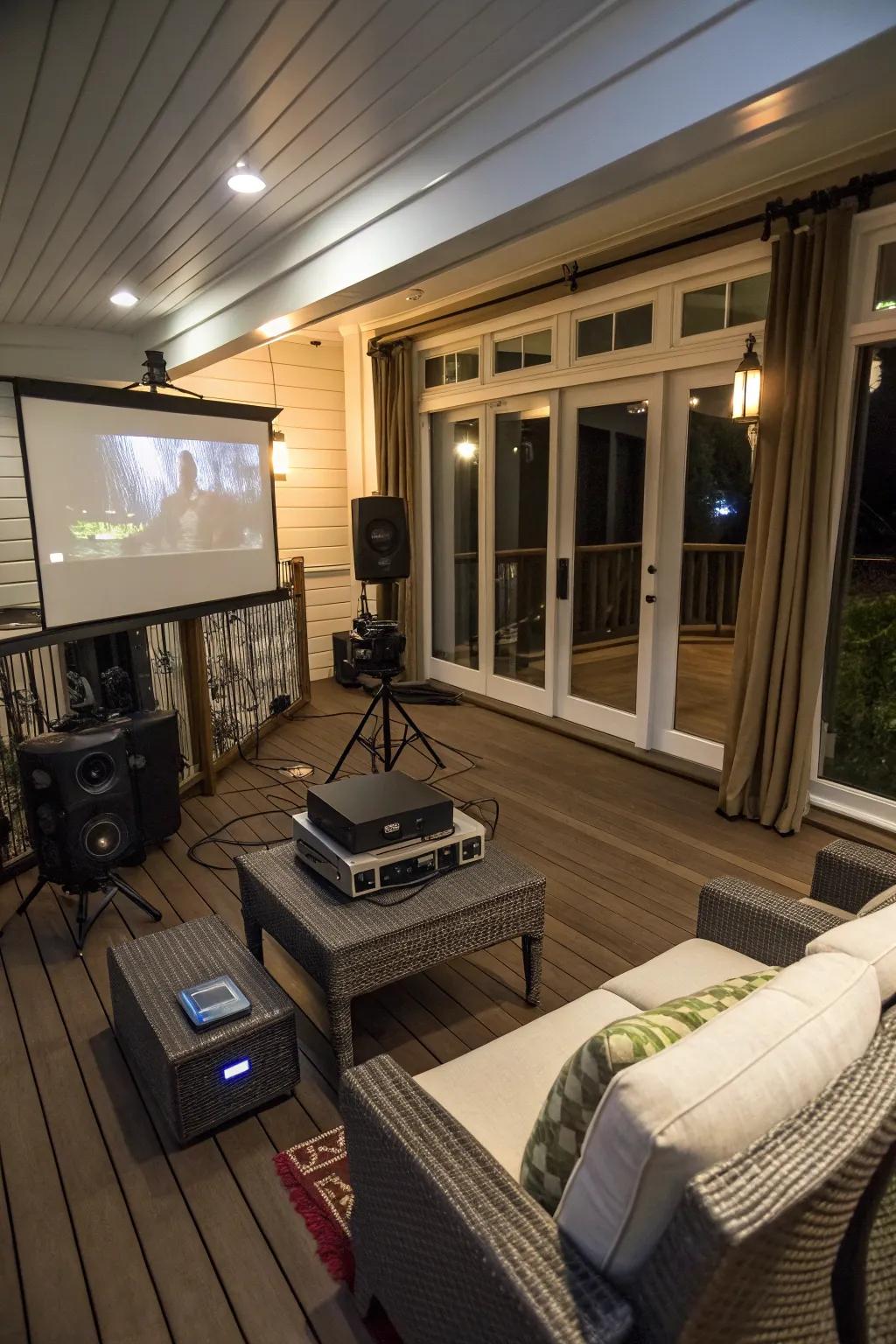A sheltered patio transformed into a multimedia epicenter.