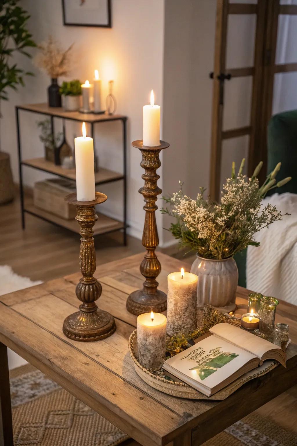 Candles in stylish holders add warmth to a side table.