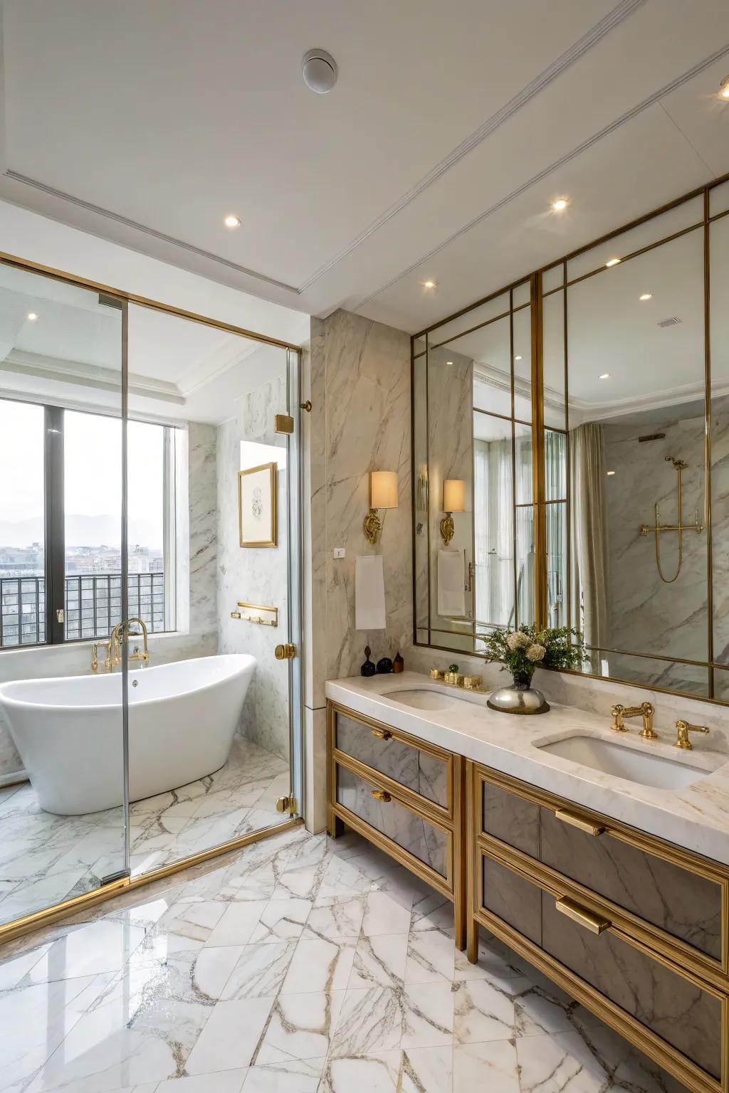 Luxurious accents like marble and brass elevate the bathroom's elegance.