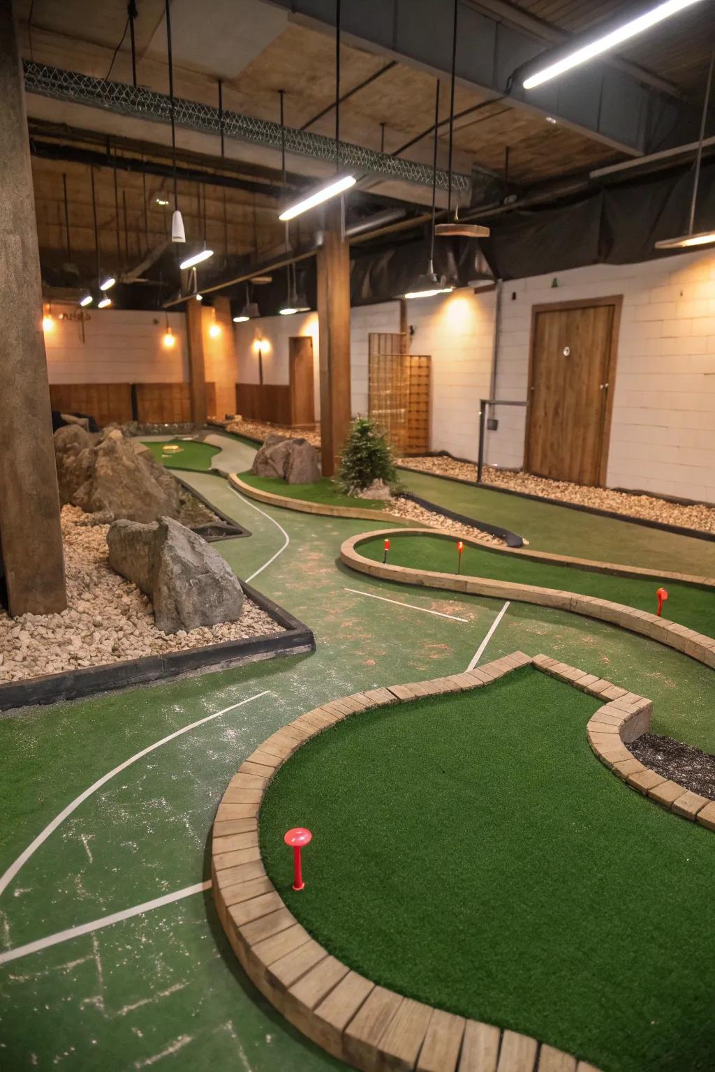 Start your game inside with a mini golf course in your basement.