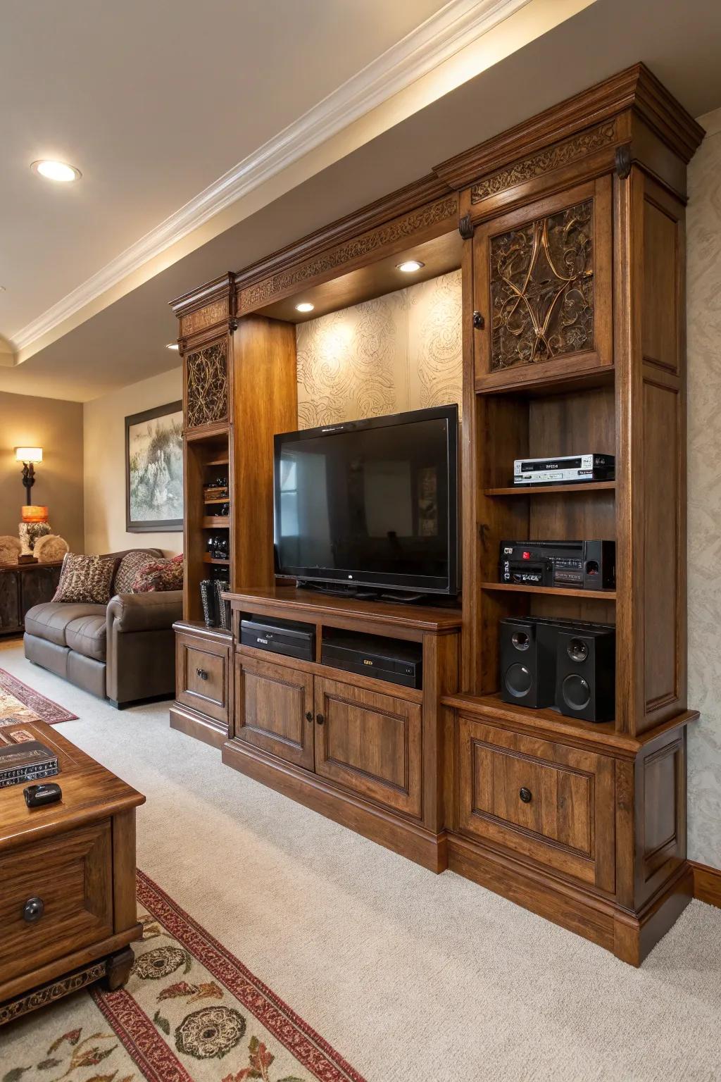 An entertainment center featuring warm wood accents.