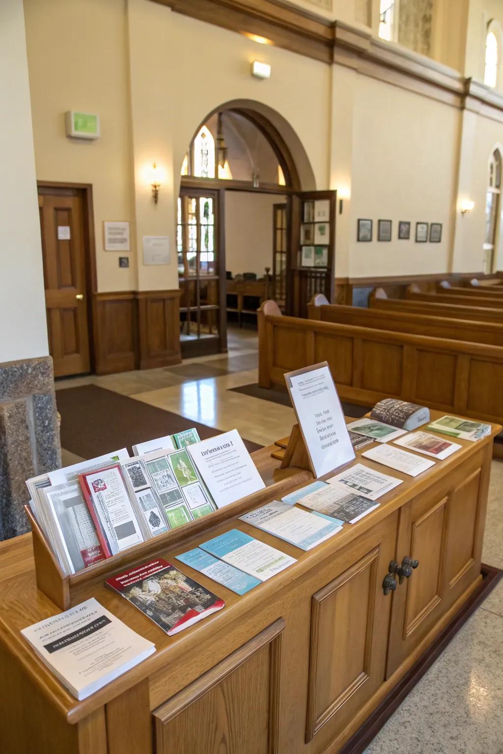 A well-organized information desk in the church lobby.