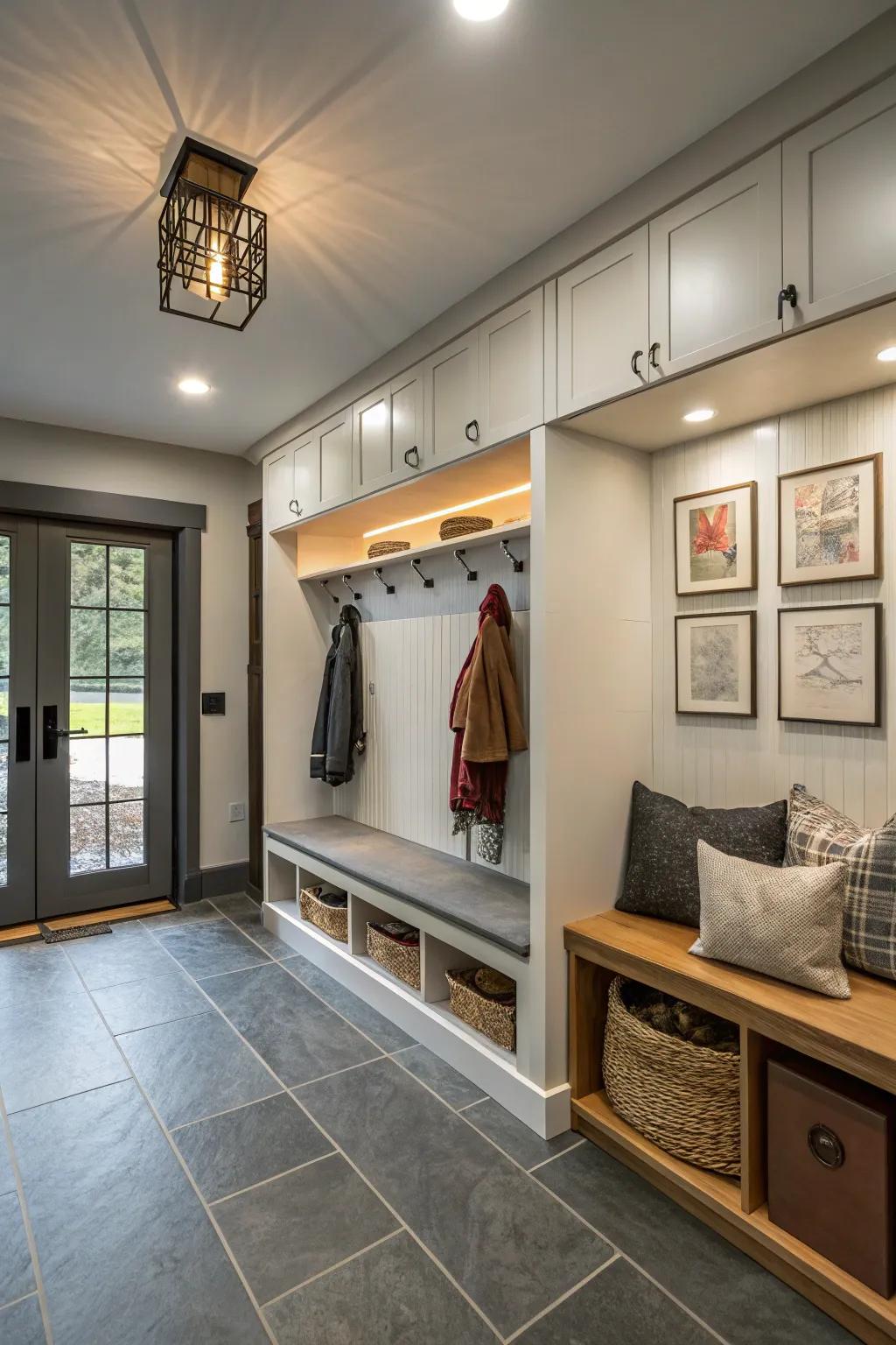 Effective illumination transforms this mudroom into a radiant, welcoming space.