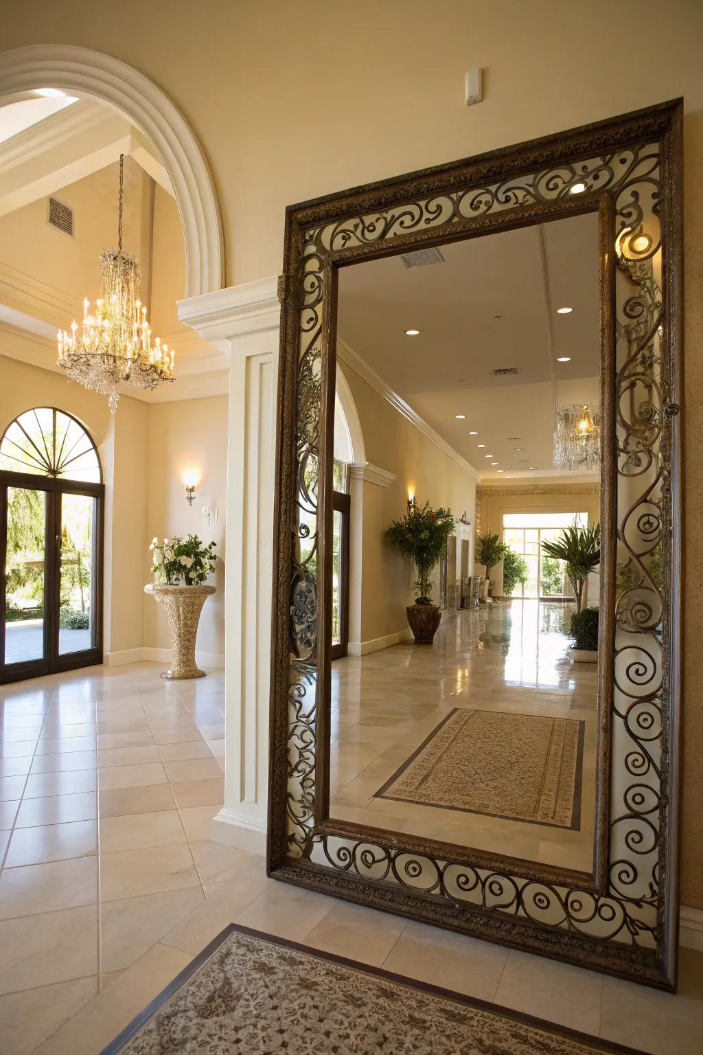 A foyer with a large decorative mirror enhancing light and creating spaciousness.