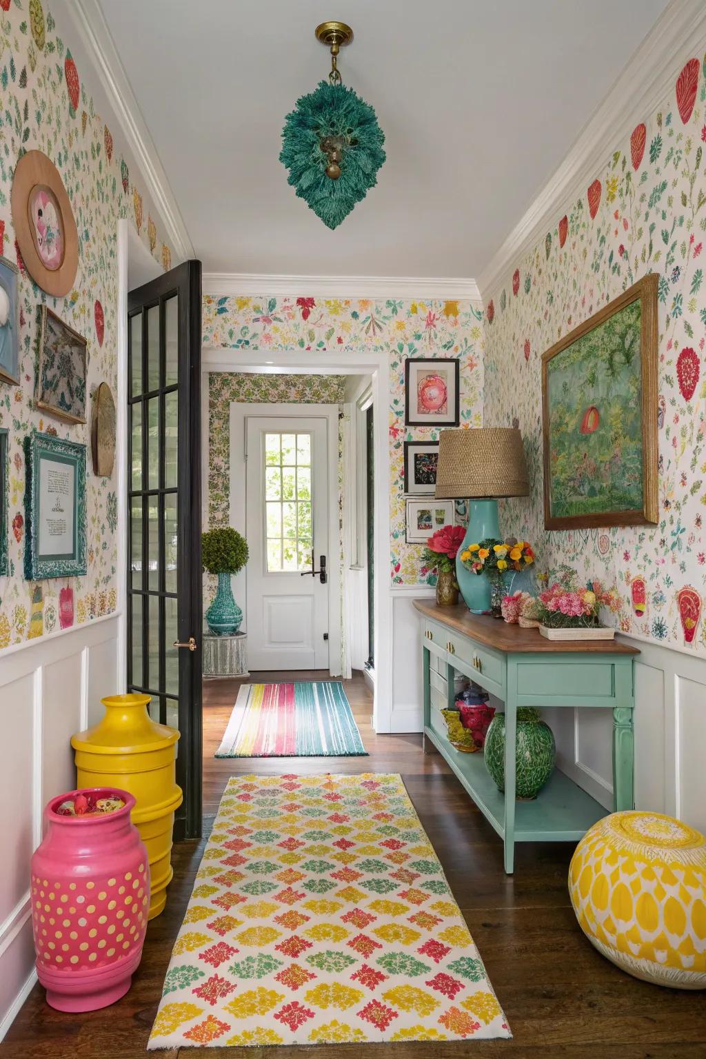 Vibrant entryway featuring eclectic wallpaper that showcases personal style.