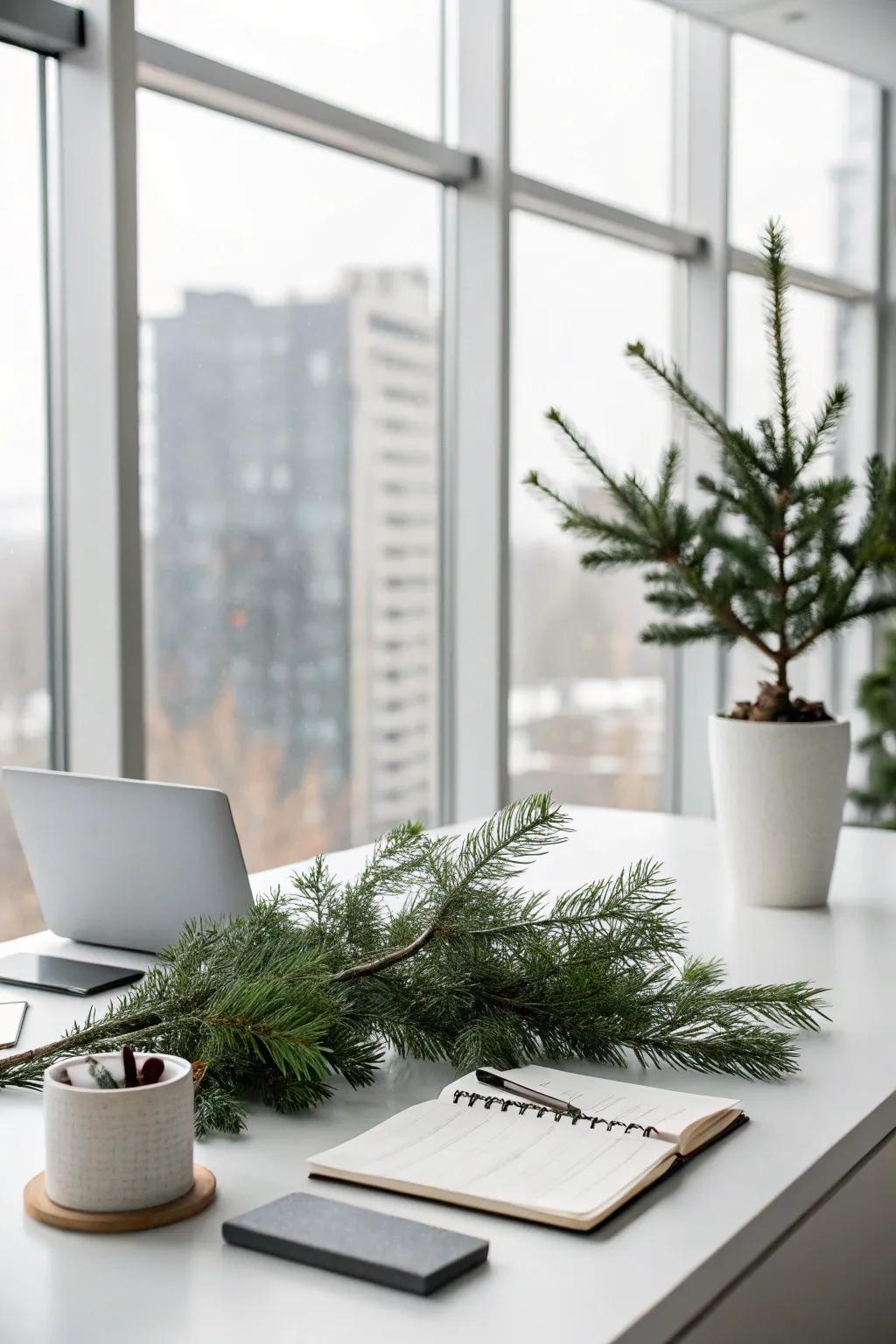 A minimalist swag with simple sprigs in a modern office.