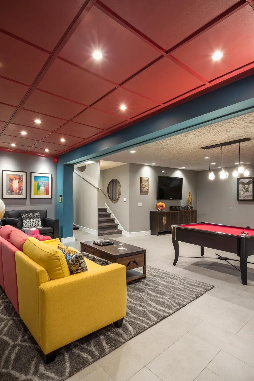 A bold, vibrant basement featuring a striking surface color.