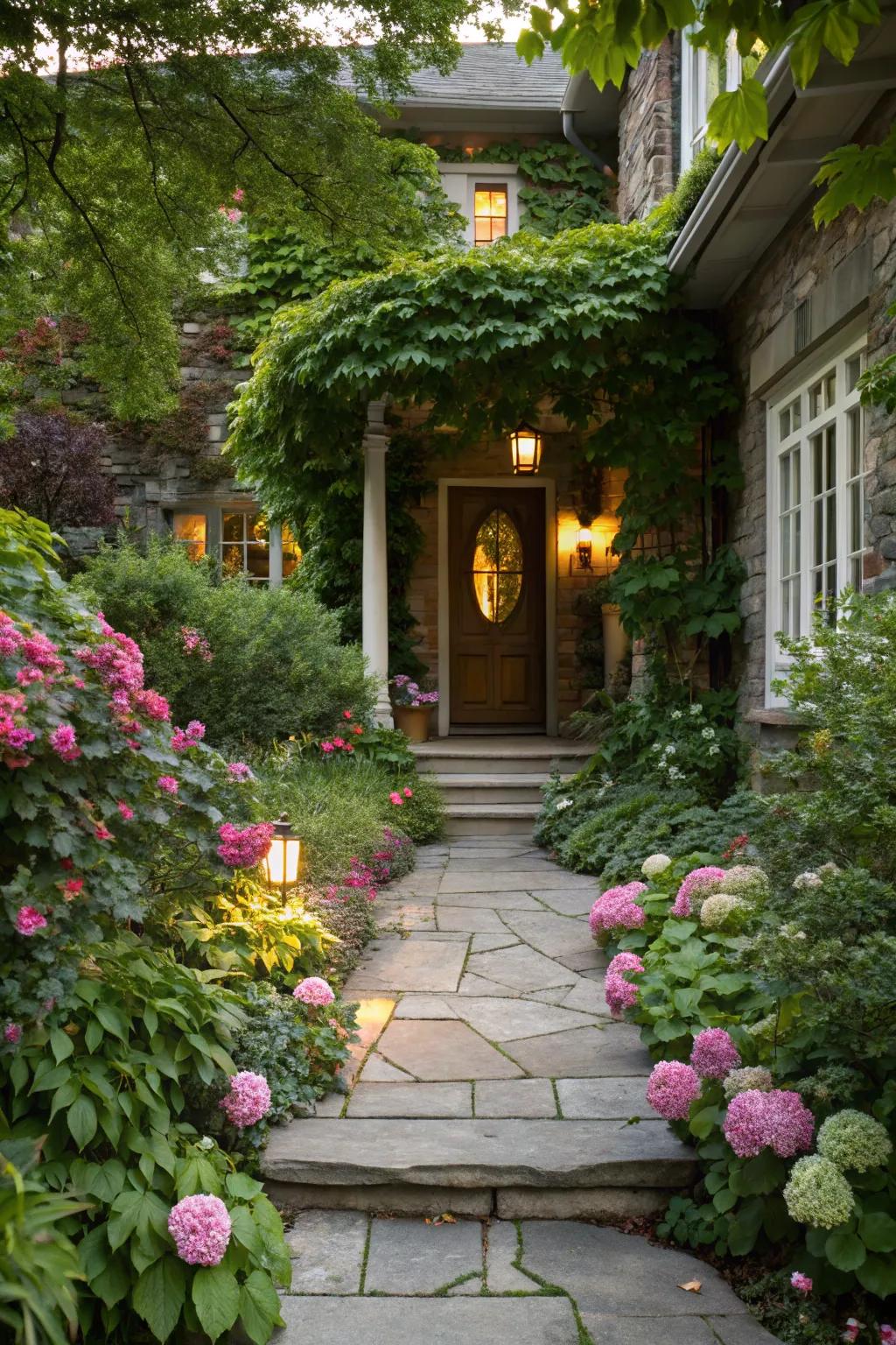 An inviting home entrance with a flourishing garden.