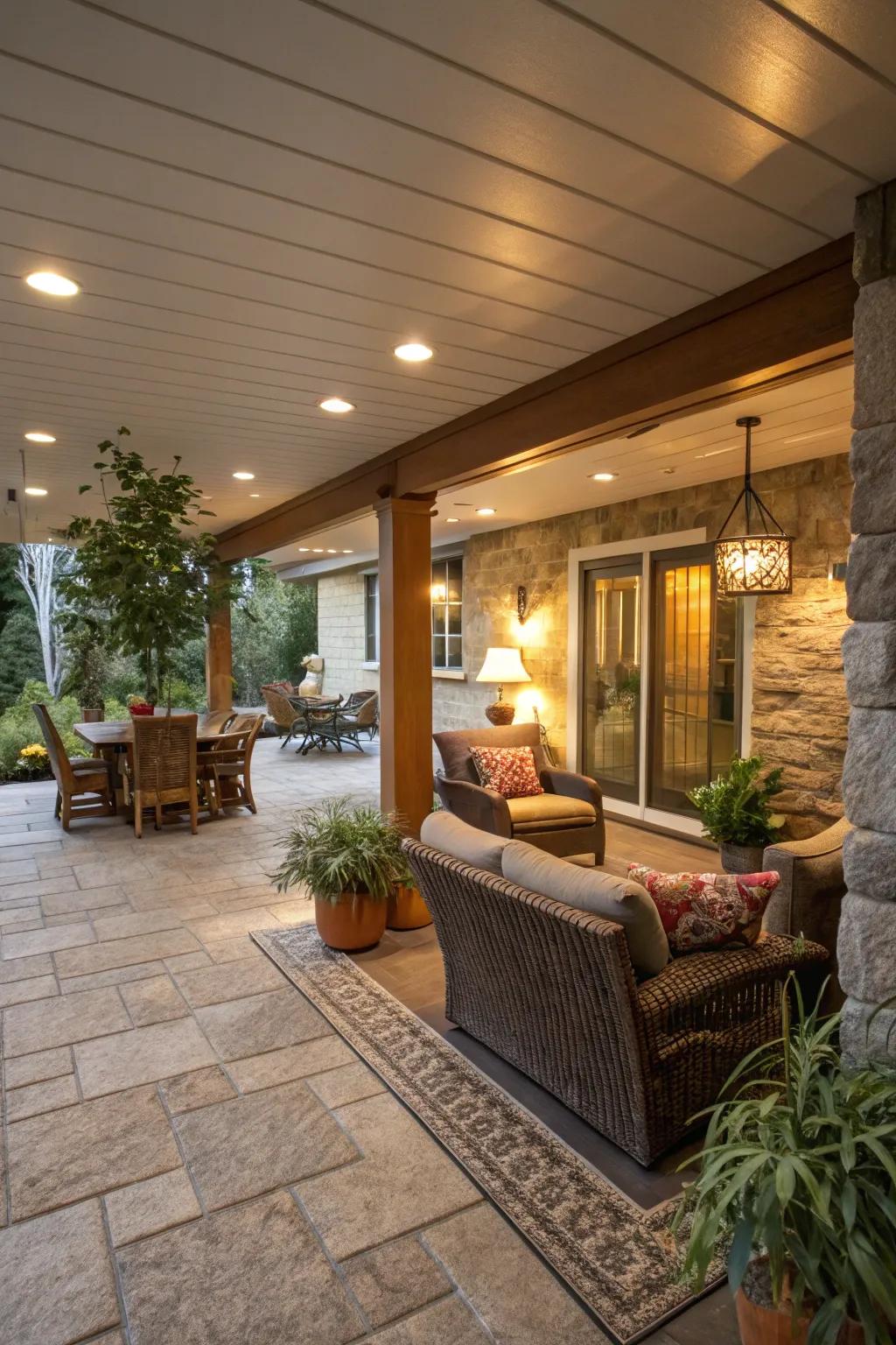 A flawless transition between a basement and patio achieved with cohesive décor.