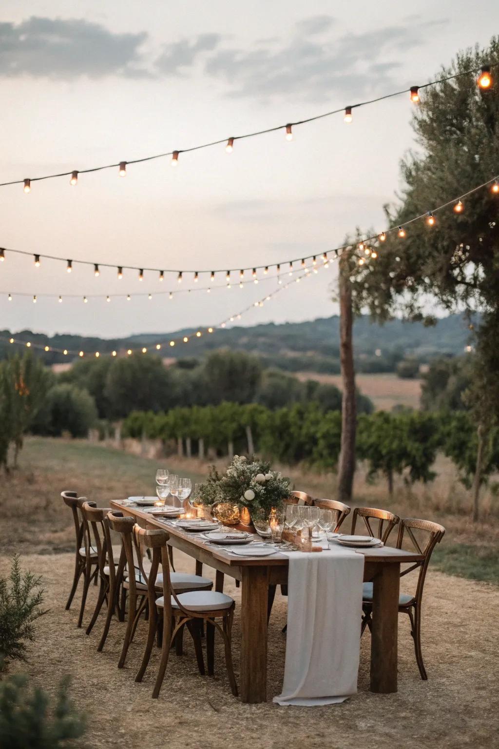 Rustic dining under ornamental lights offers a cozy ambiance.