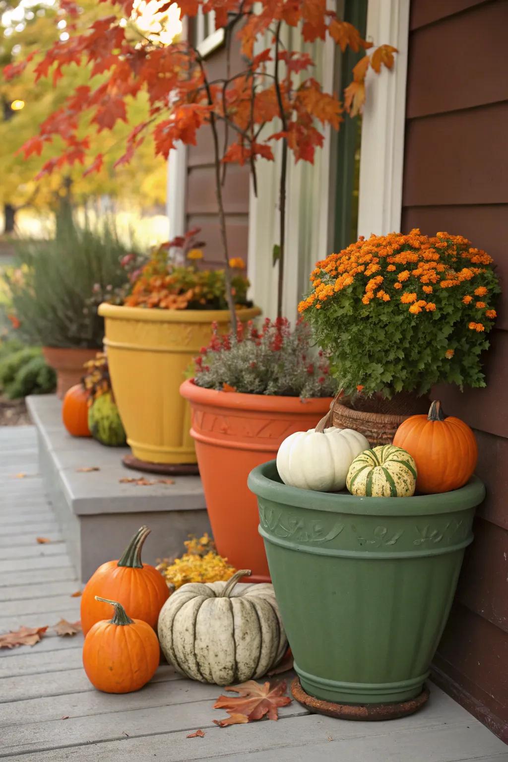 Pumpkins and squashes add a festive element to fall setups.