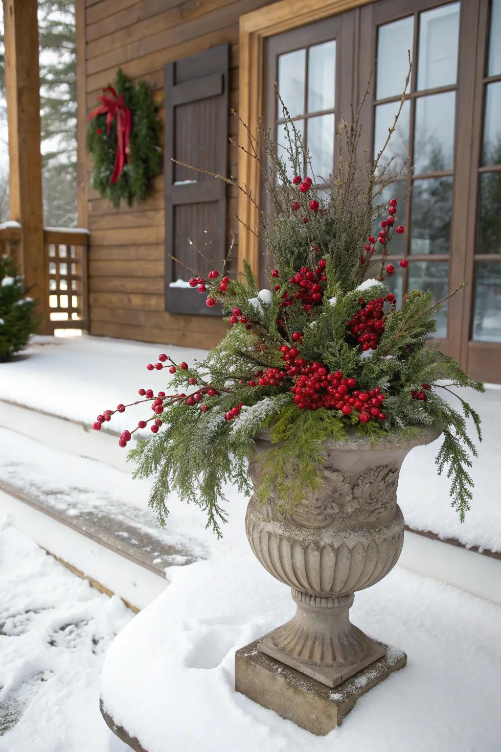 Festive berry sprigs and evergreens in an autumnal container.