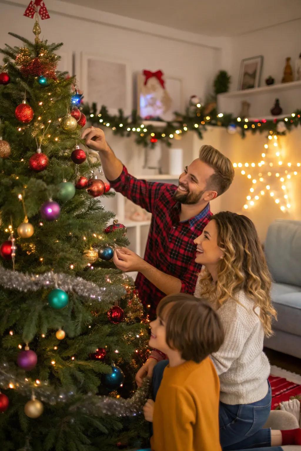 Capture the joy of decorating the Christmas tree together as a family.
