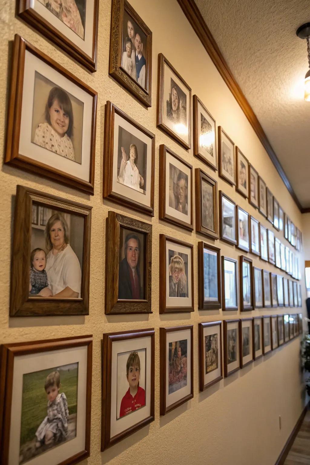 A symmetrical arrangement of family photos, creating a balanced display.