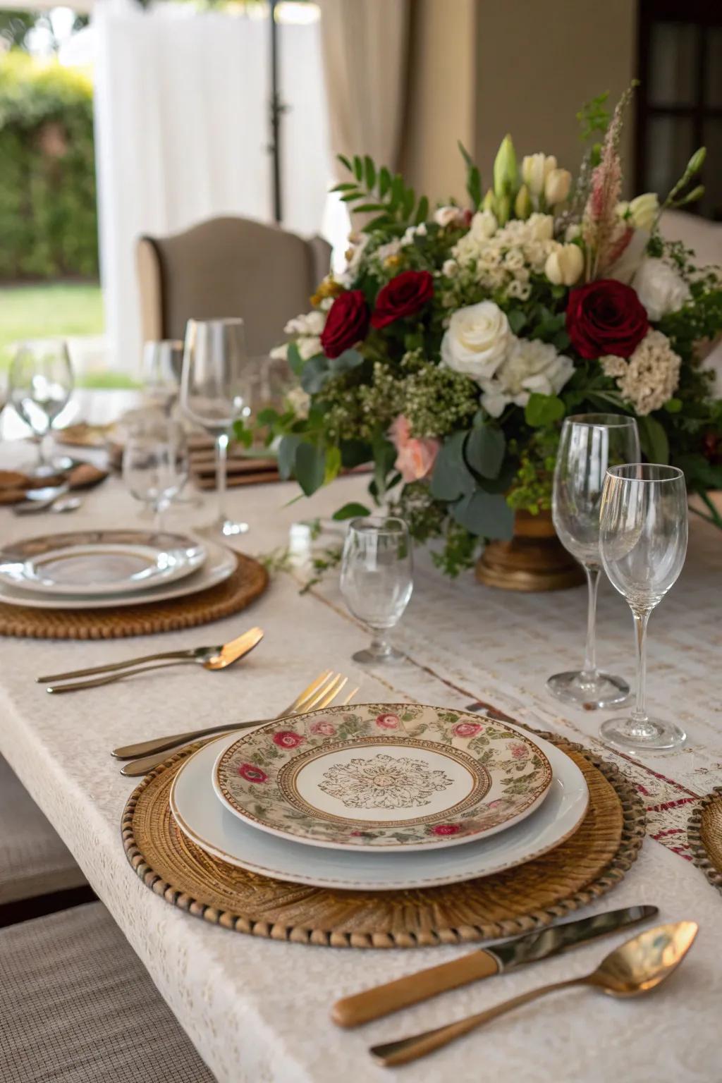 Base plates add depth and visual appeal to the dinner setting.