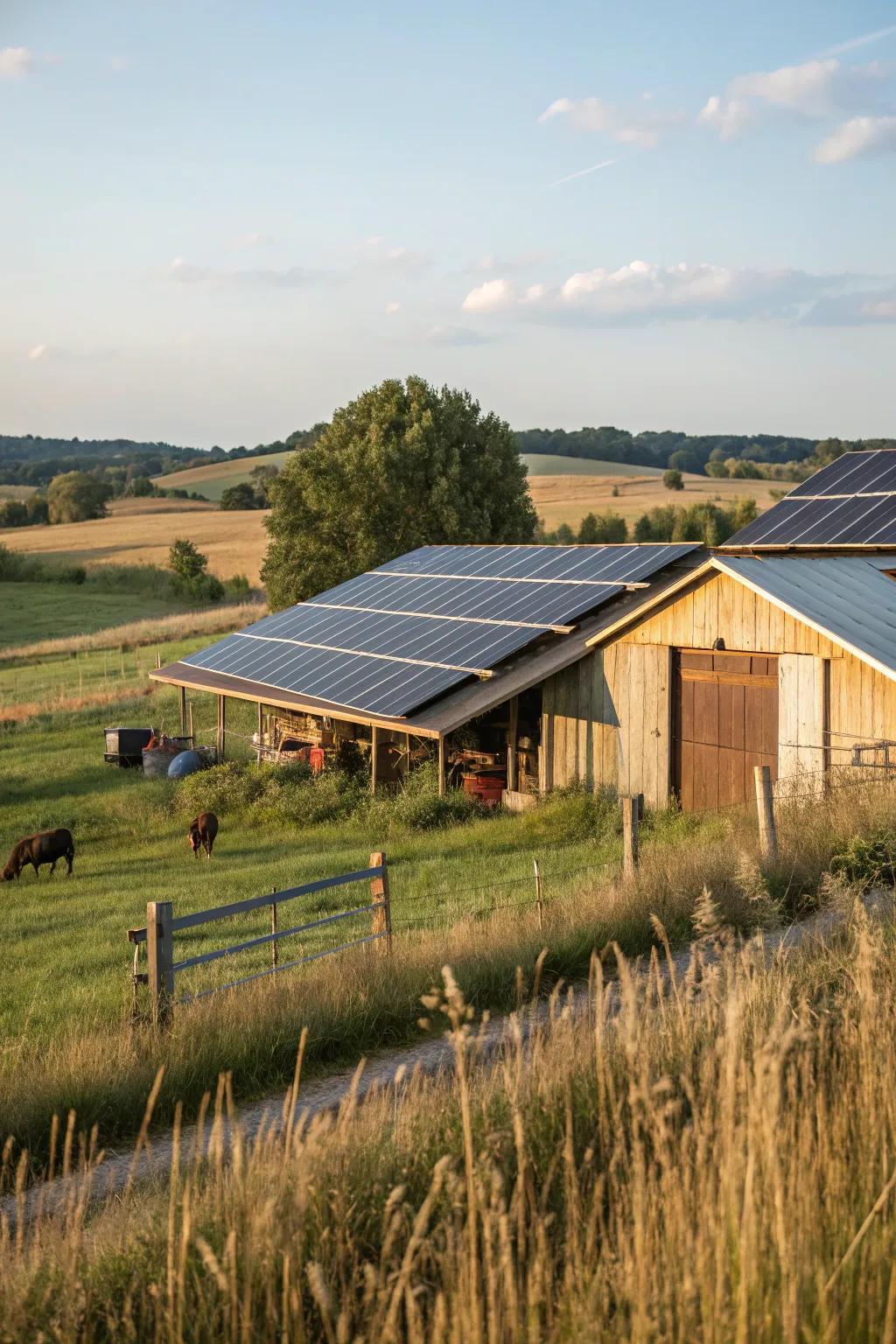 Efficient sun-powered panels atop a barn, powering the farm sustainably.