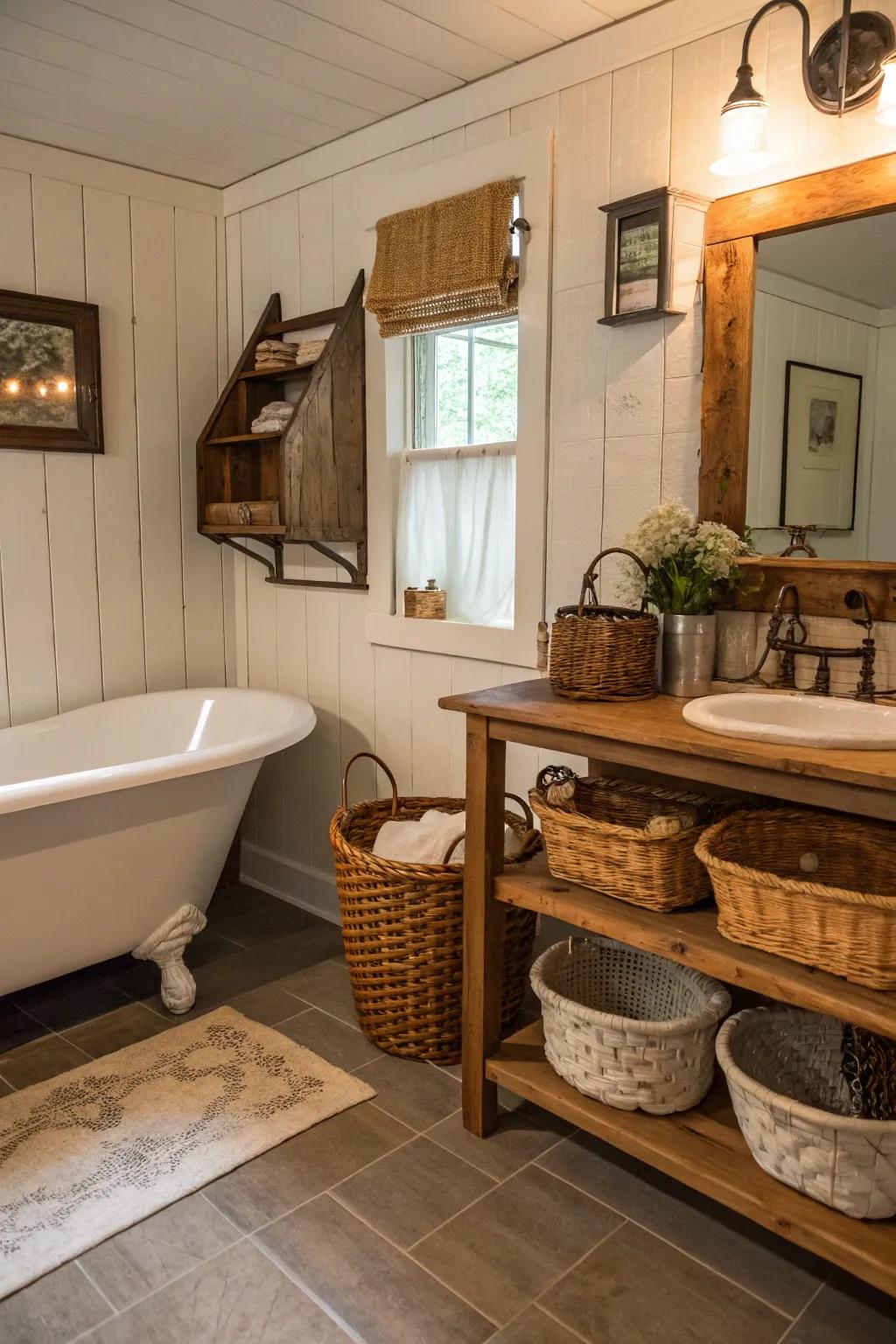 The bathroom's country vibe is enhanced by rustic decor pieces.