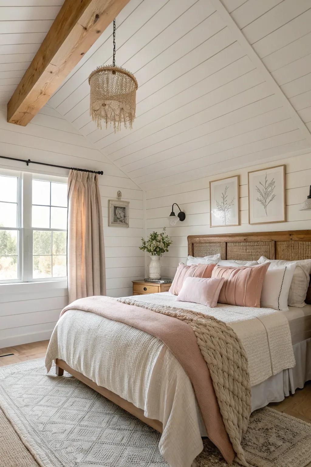 Painted planking ceilings bring texture and charm to this farmhouse bedroom.