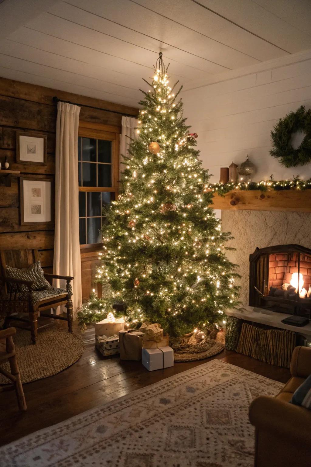 Warm string lights surround this farmhouse Christmas tree in a magical glow.