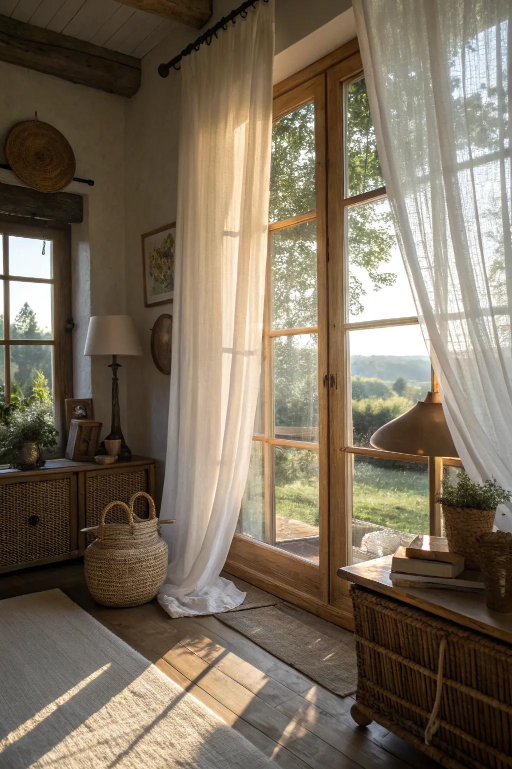 Airy drapes filling a farmhouse living room with daylight.