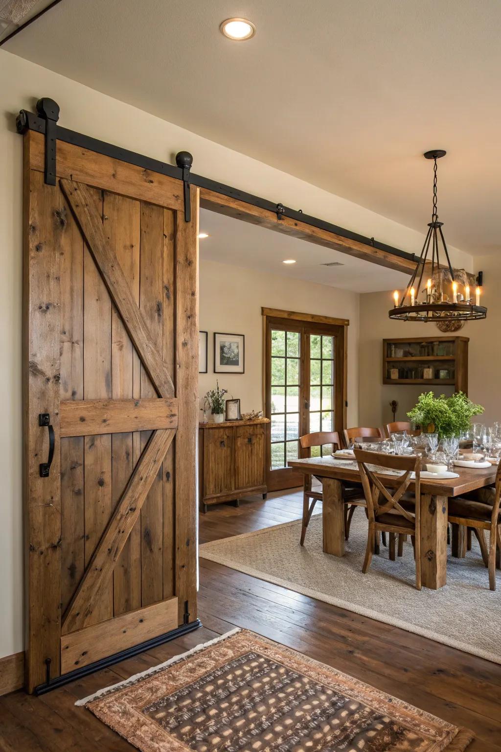 A track door adds character and functional style to this farmhouse dining room.