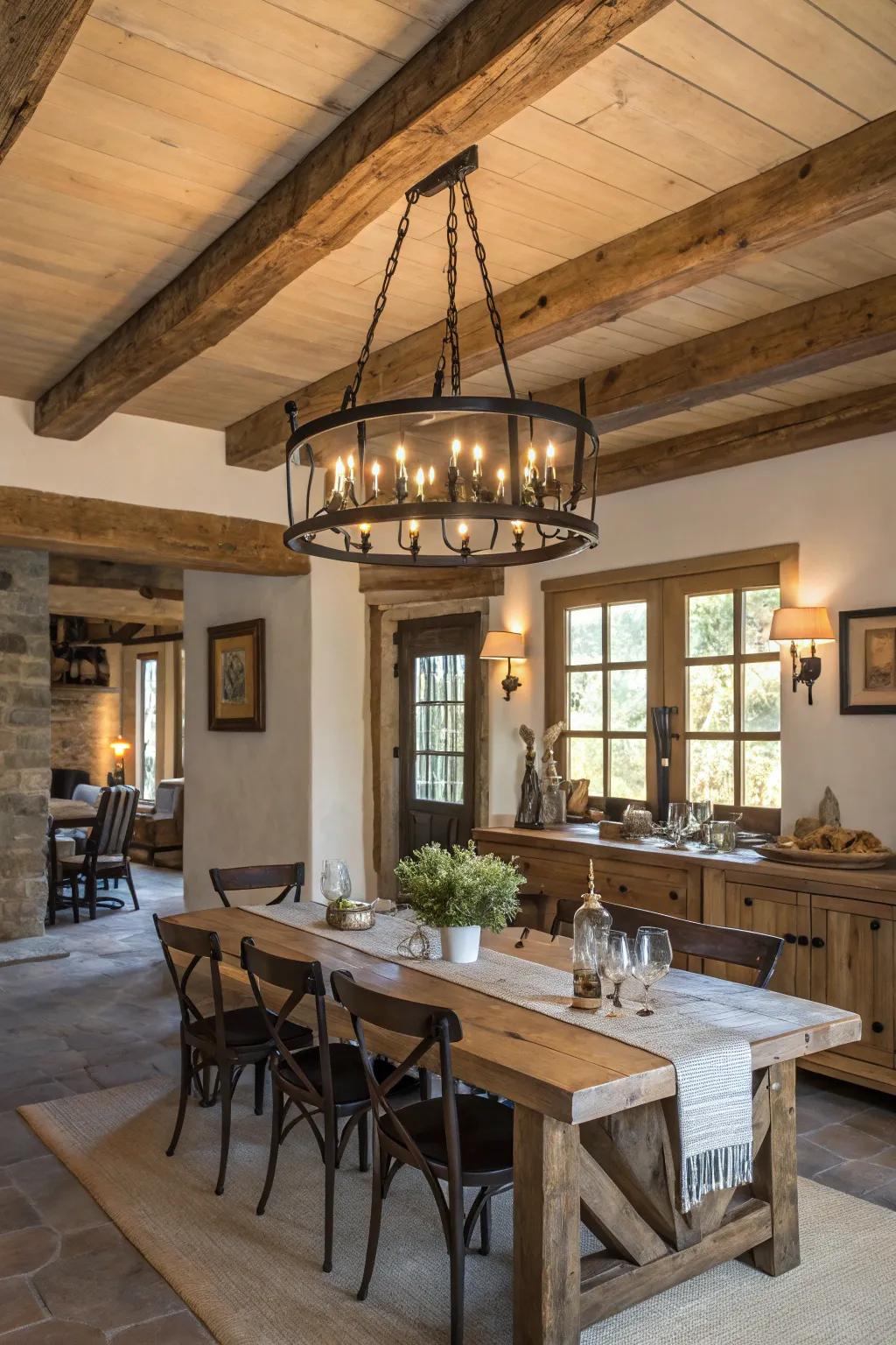 Wood and metal designs merge country and industrial aesthetics.