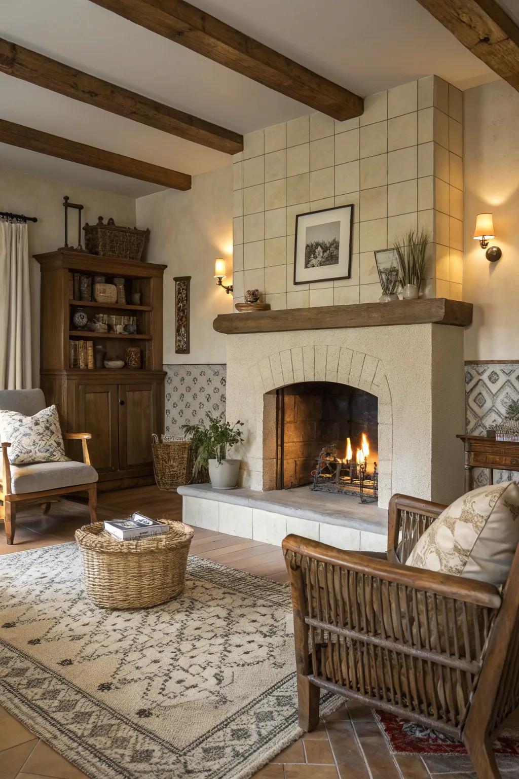 Subdued tiles engendering a serene vibe enveloping a farmhouse fireplace.