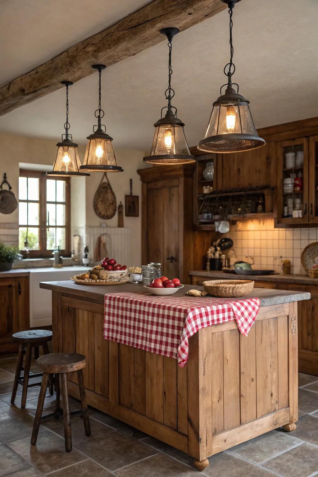 A farmhouse kitchen featuring vintage pendant lights hanging above a wood kitchen island.