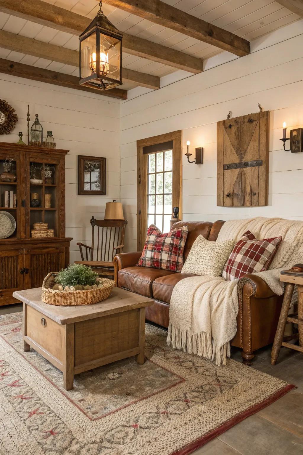 Vintage décor pieces infuse a touch of history into this farmhouse living space.