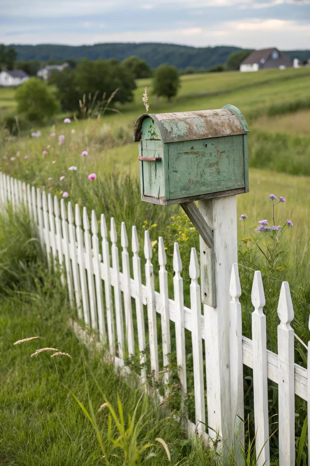 A quaint picket surround serves as a delightful bracket for this farmhouse mailbox.