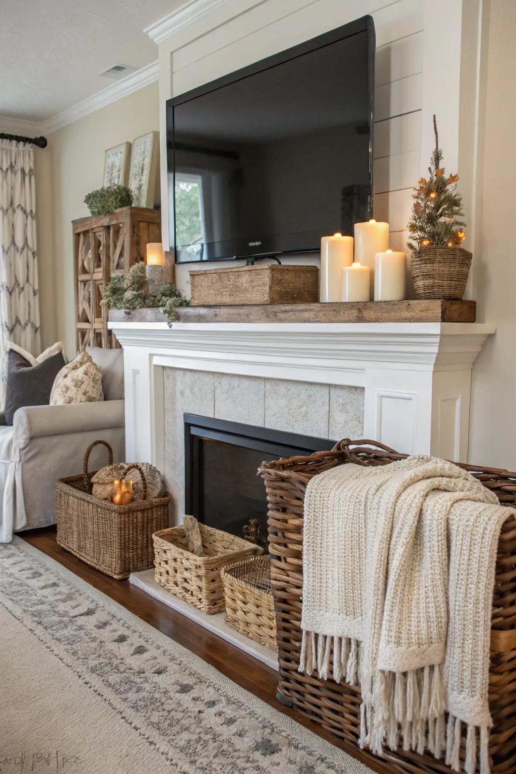 A textured display on a farmhouse mantel with a TV above, featuring receptacles and soft textiles.