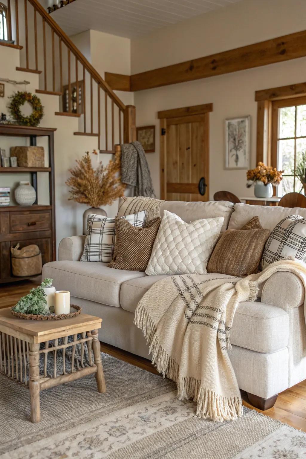 Textiles enhance coziness and comfort to rustic design.