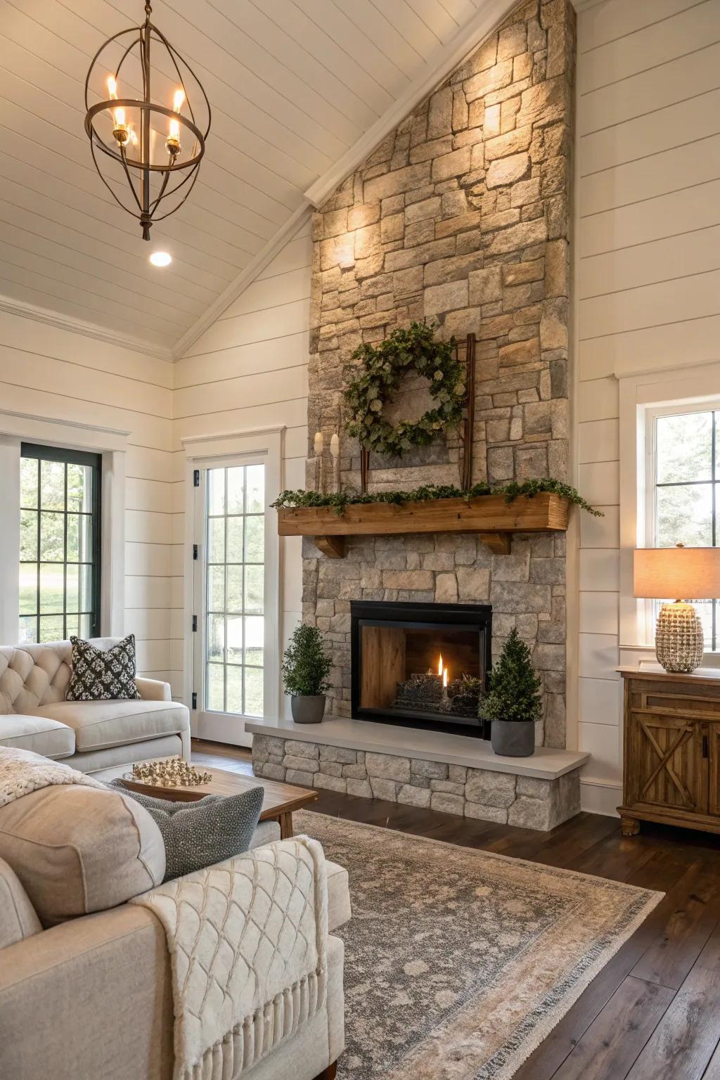 The mix of plank paneling and stone introduces refinement and texture.