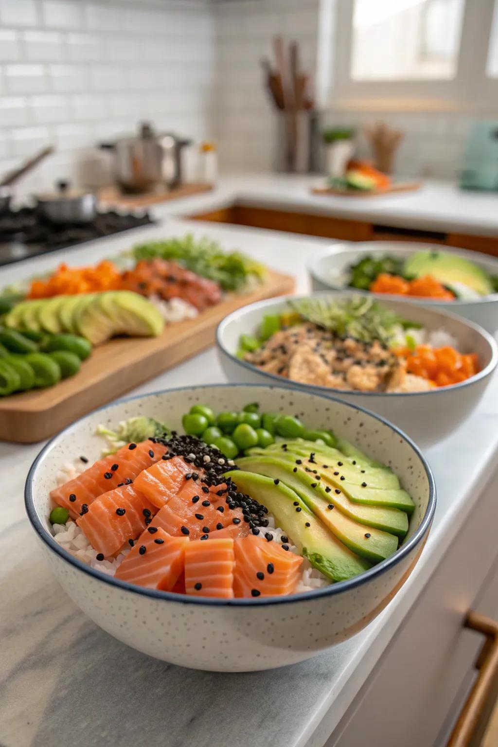 Enjoy the vibrant flavors of homemade sushi bowls.
