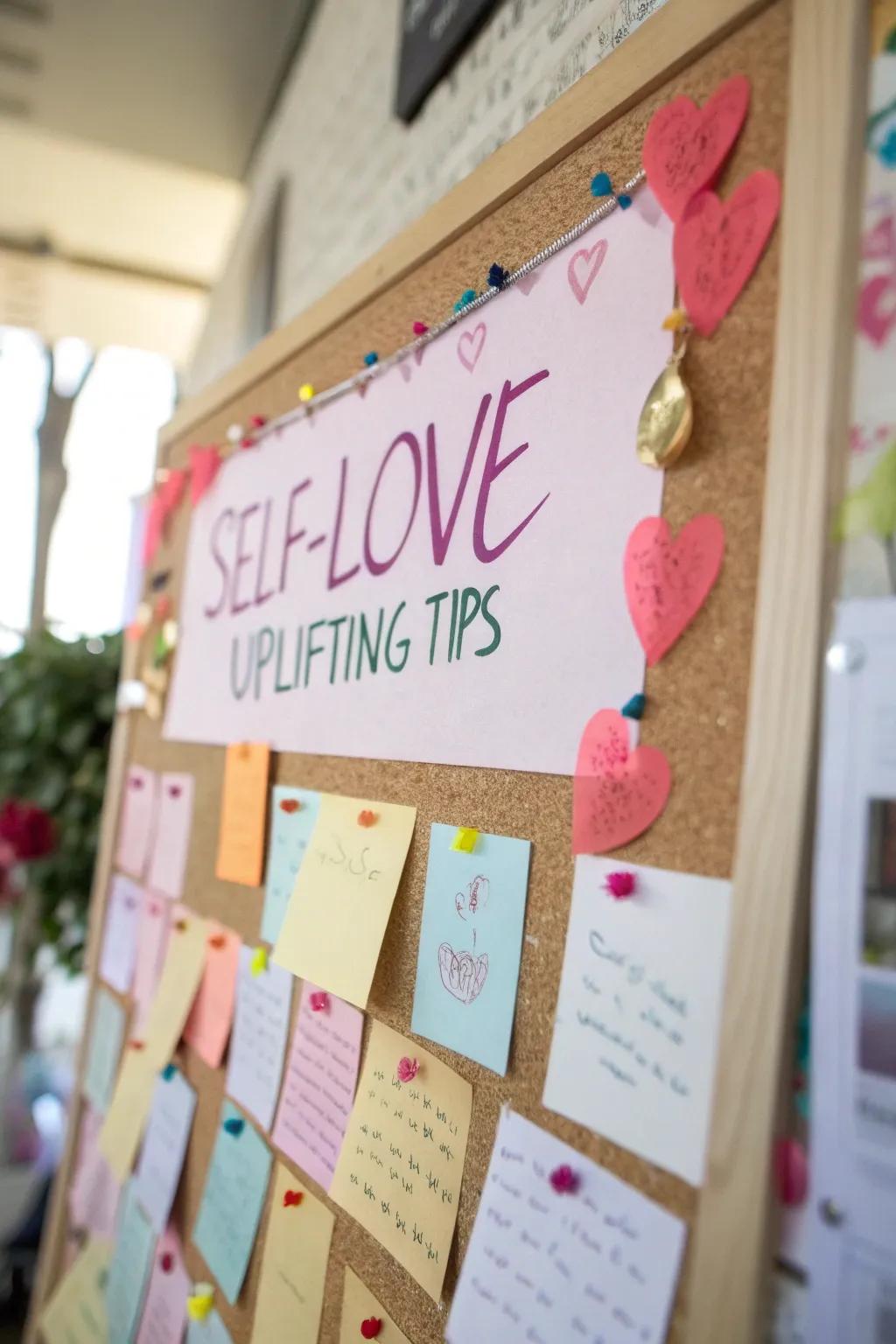 A self-compassion-themed bulletin board featuring affirmations.