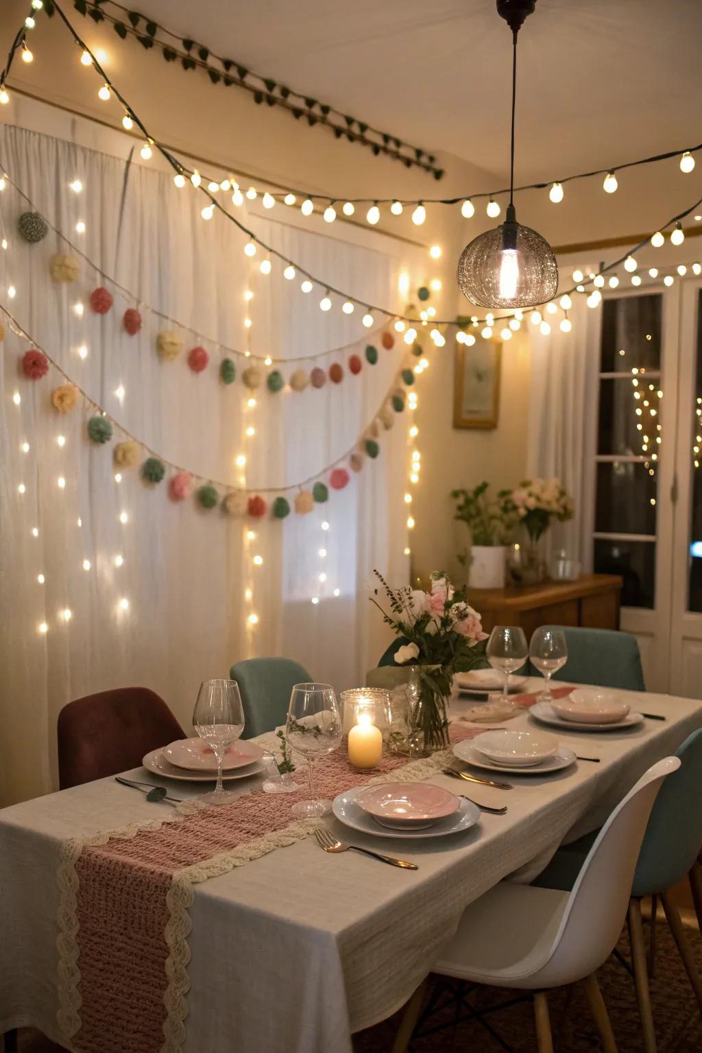 Felt garlands and lights combine to add elegance and warmth to dining spaces.